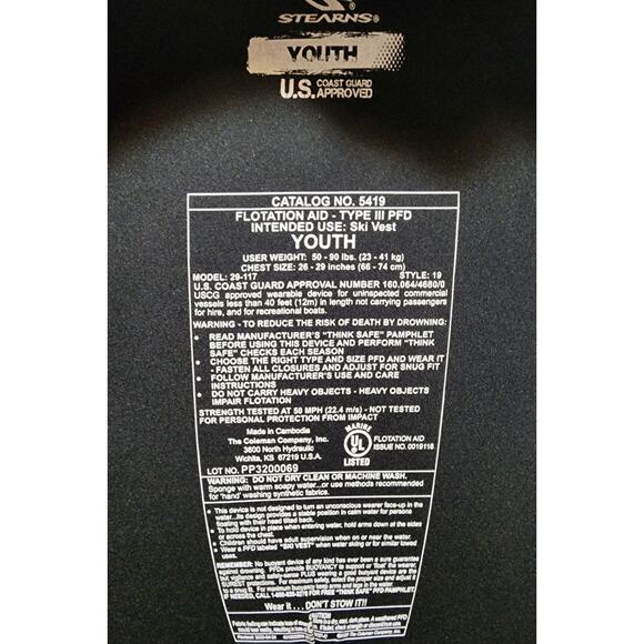 STEARNS Youth Boating Vest 50-90 lbs - Aqua Blue Type III PFD Ski Vest - Picture 4 of 5